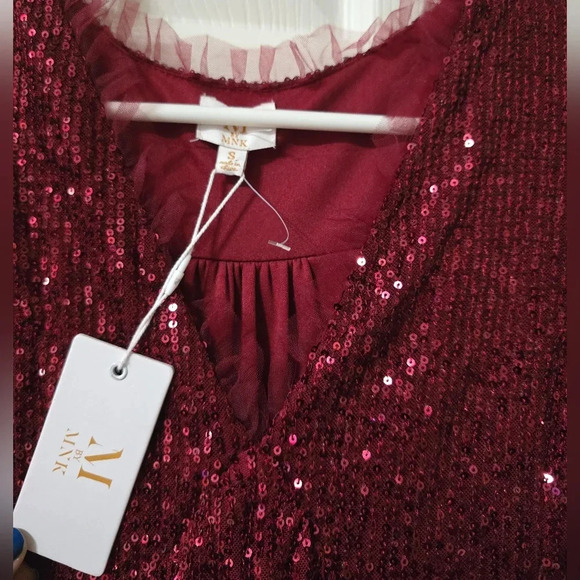 NWT M By MNK Sequined Babydoll Mini Party Dress in Burgundy, Tulle Trim Details. - Picture 7 of 15
